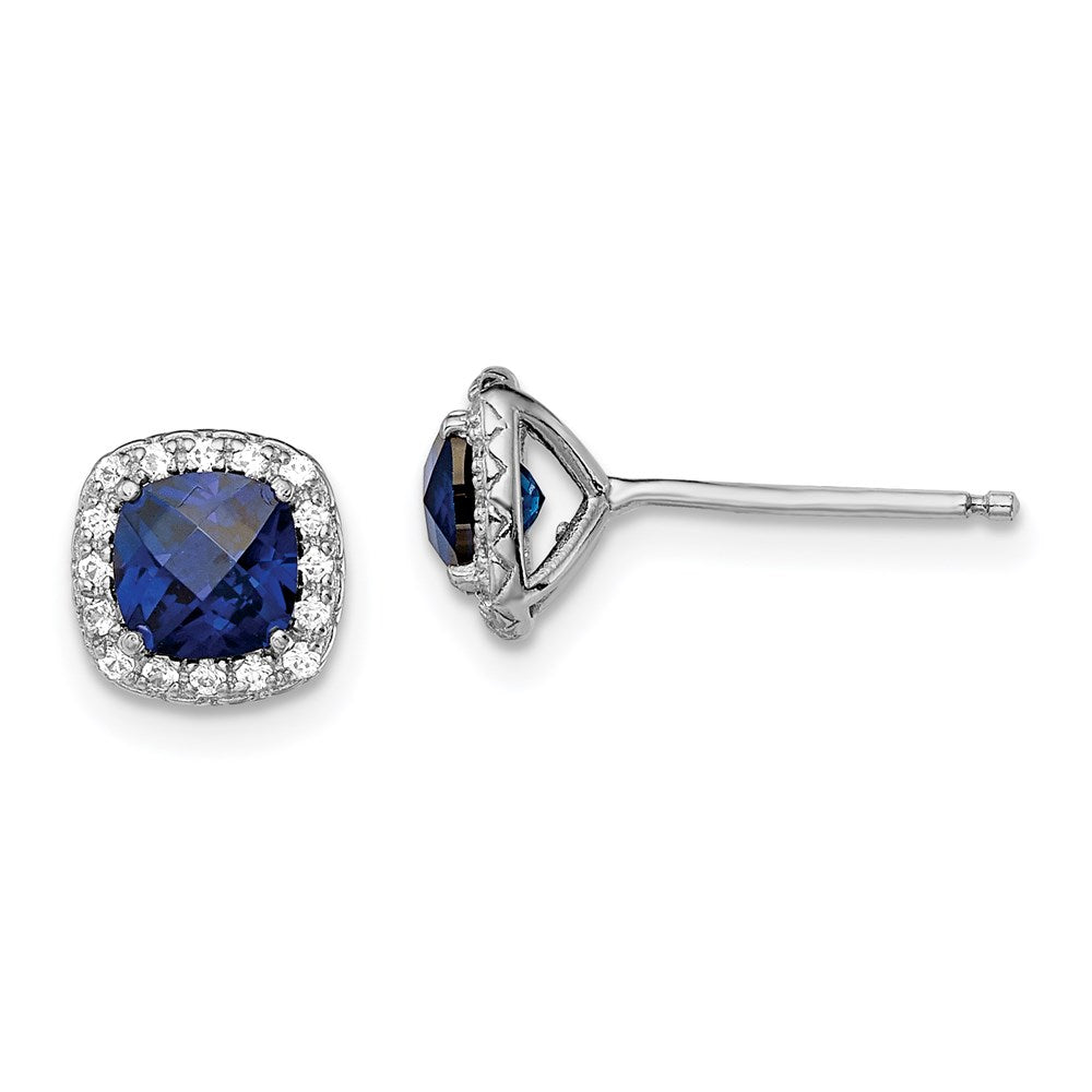 Sterling Silver Rhod-plated Created Blue/White Sapphire Post Earrings, 1.56 ct, 7 x 7 mm