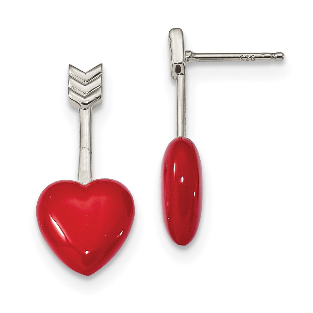 Sterling Silver Rhodium-plated Arrow Enamel Heart Post Earrings, 26.5 x 11.5 mm
