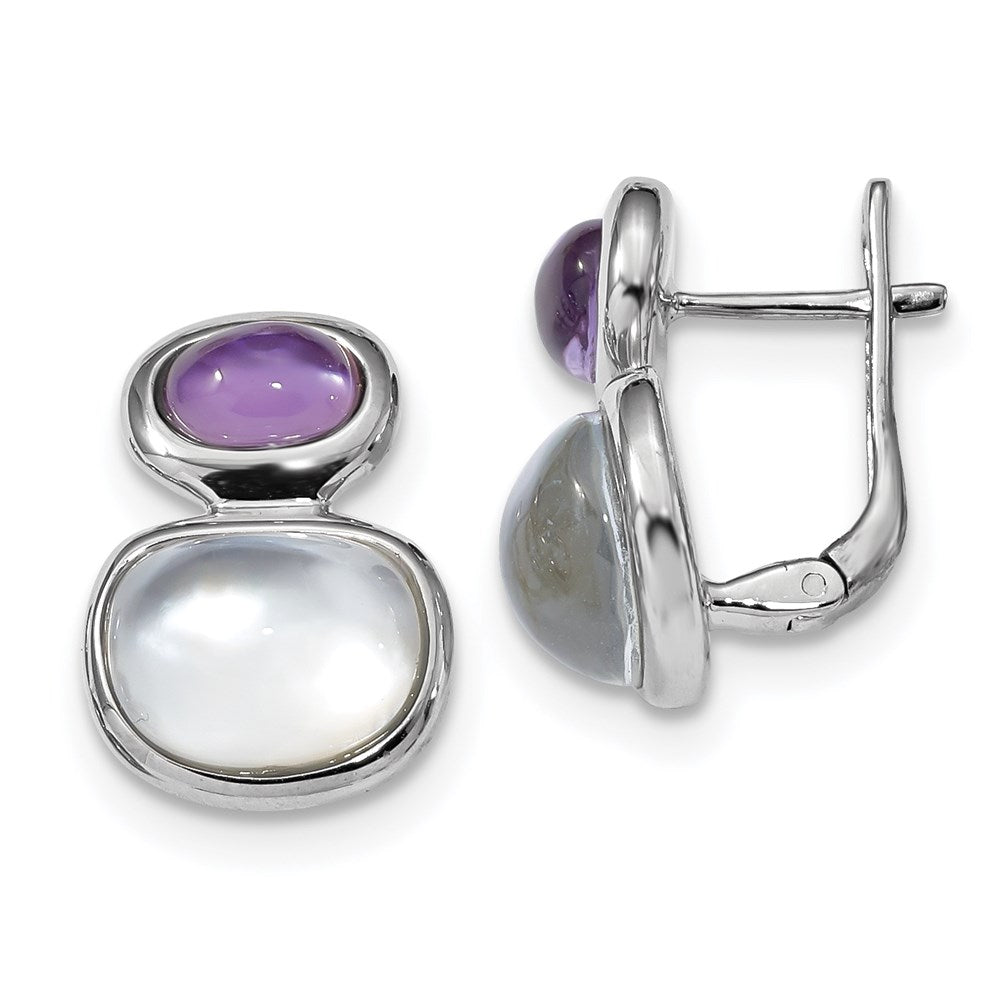 Sterling Silver Rhodium-plated Purple Crystal/MOP Hinged Earrings, 20.3 x 14.4 mm