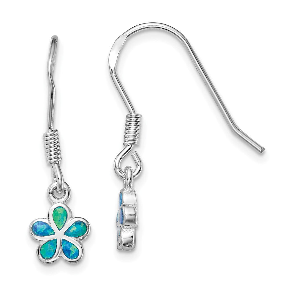 Sterling Silver Rhodium-plated Blue Created Opal Flower Earrings, 25.8 x 7.6 mm
