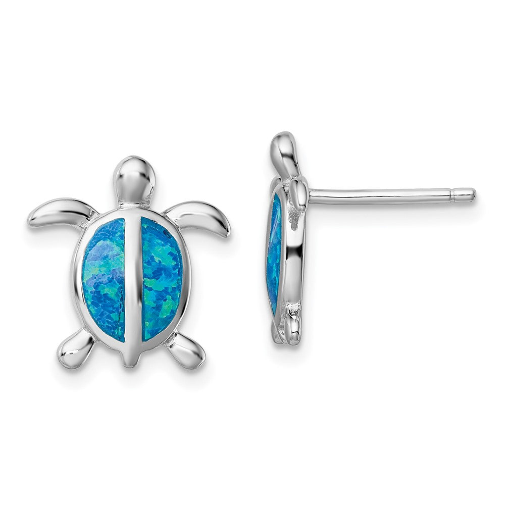 Sterling Silver Rhodium-plated Polished Blue Created Opal Polished Turtle Post Earrings, 13.8 x 13.3 mm