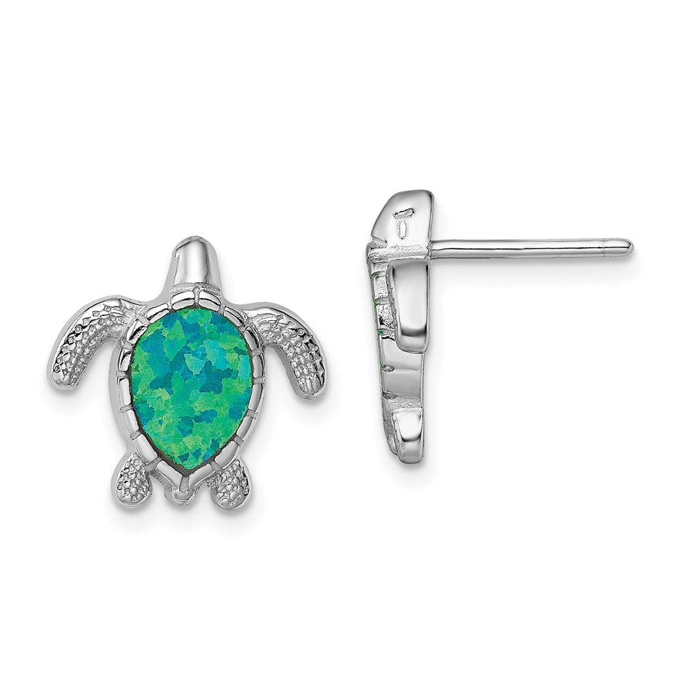 Sterling Silver Rhodium-plated Polished Green Created Opal Turtle Post Earrings, 14.3 x 14.5 mm