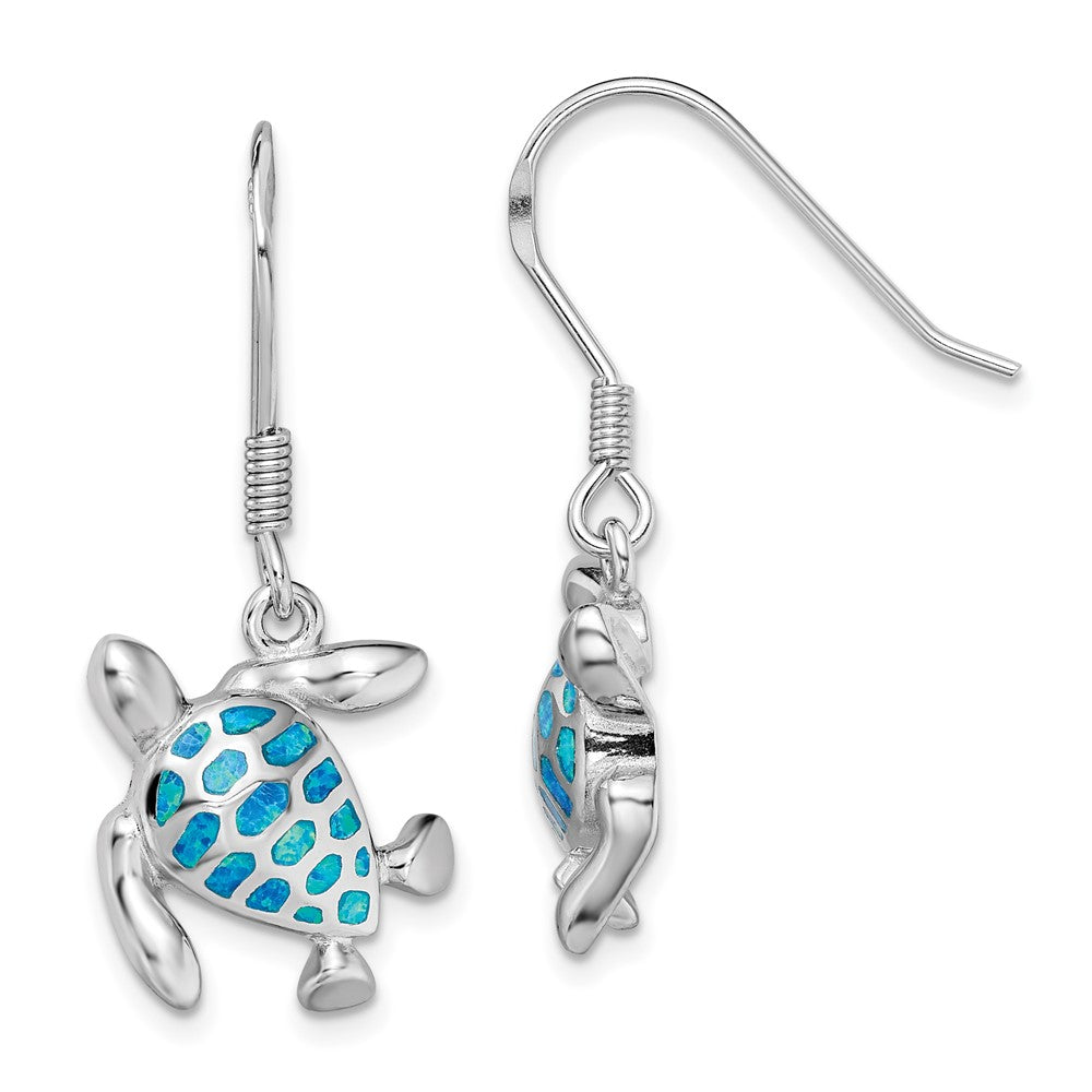 Sterling Silver Rhodium-plated Polished Blue Created Opal Turtle Dangle Earrings, 32.5 x 17.5 mm