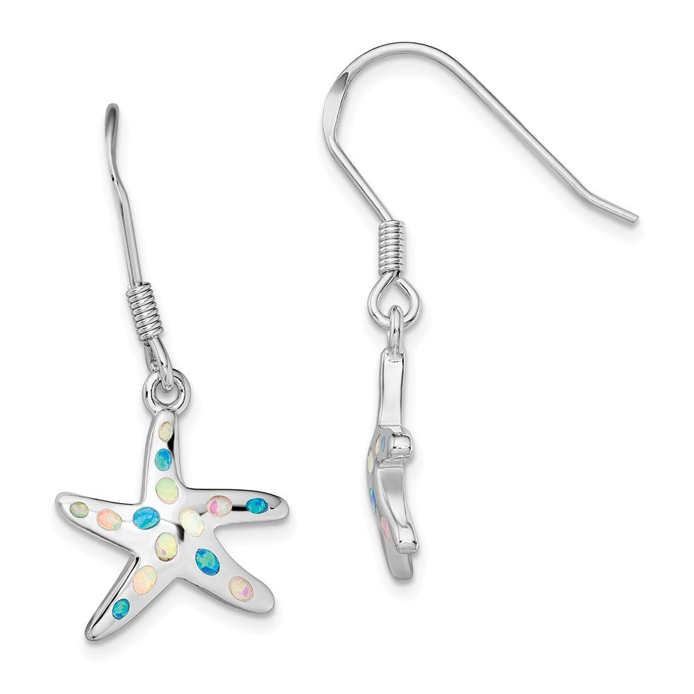 Sterling Silver Rhodium-plated Pink/Blue Created Opal Starfish Earrings, 35.3 x 15.2 mm