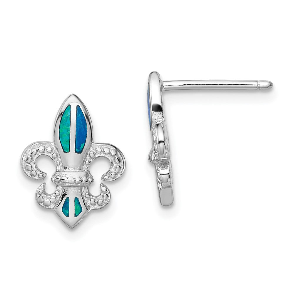 Sterling Silver Rhodium-plated Polished & Beaded Blue Created Opal Fleur De Lis Post Earrings, 13.4 x 10.4 mm