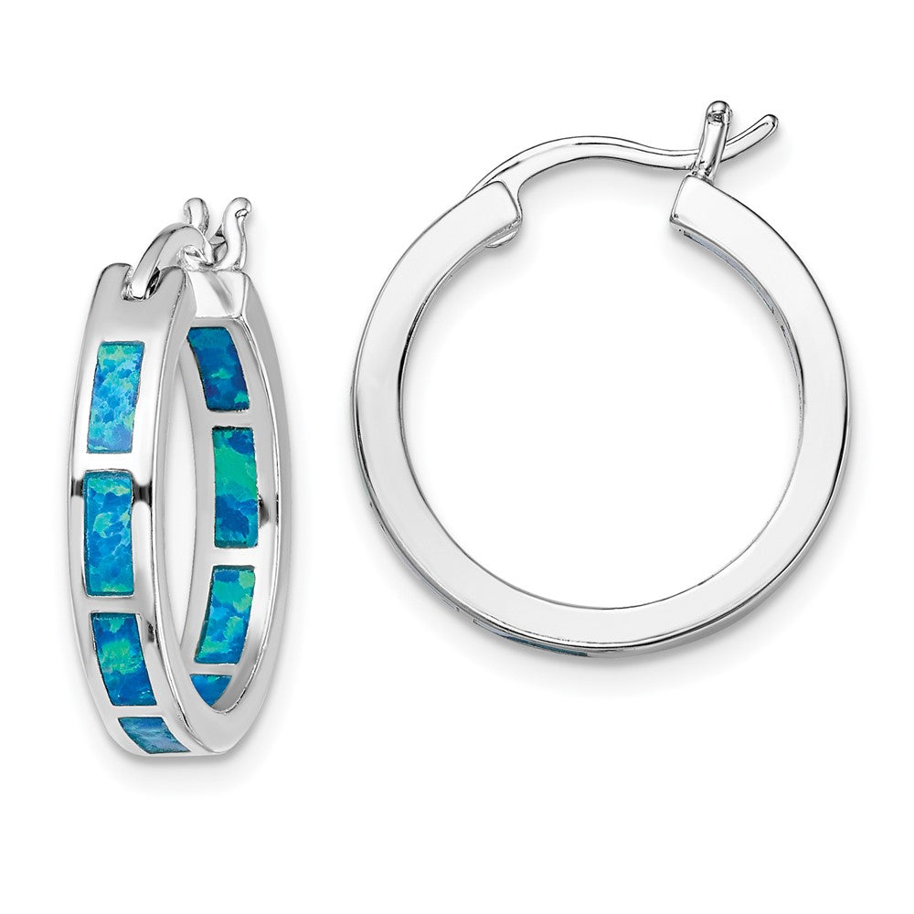 Sterling Silver Rhodium-plated Blue Created Opal In/Out Round Hoop Earrings, 20 x 19 mm