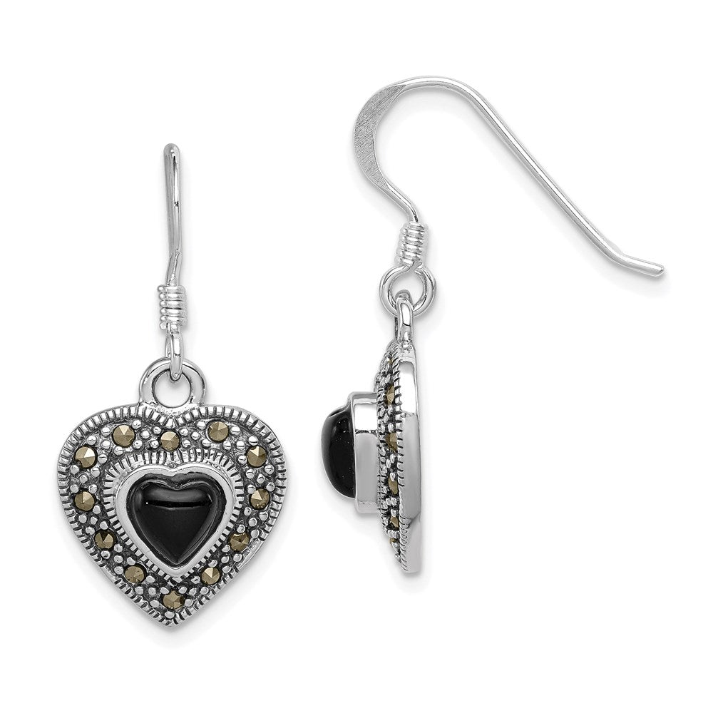 Sterling Silver RH-plated Antiqued Onyx & Marcasite Heart Dangle Earrings, 28 x 13 mm