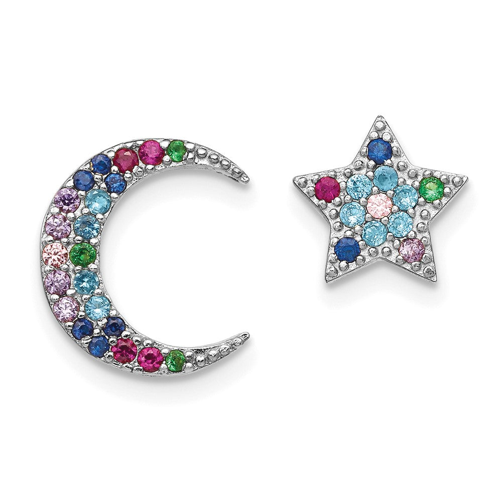 Prizma Sterling Silver Rhodium-plated Moon and Star Colorful CZ Post Earrings, 11.41 x 10.04 mm