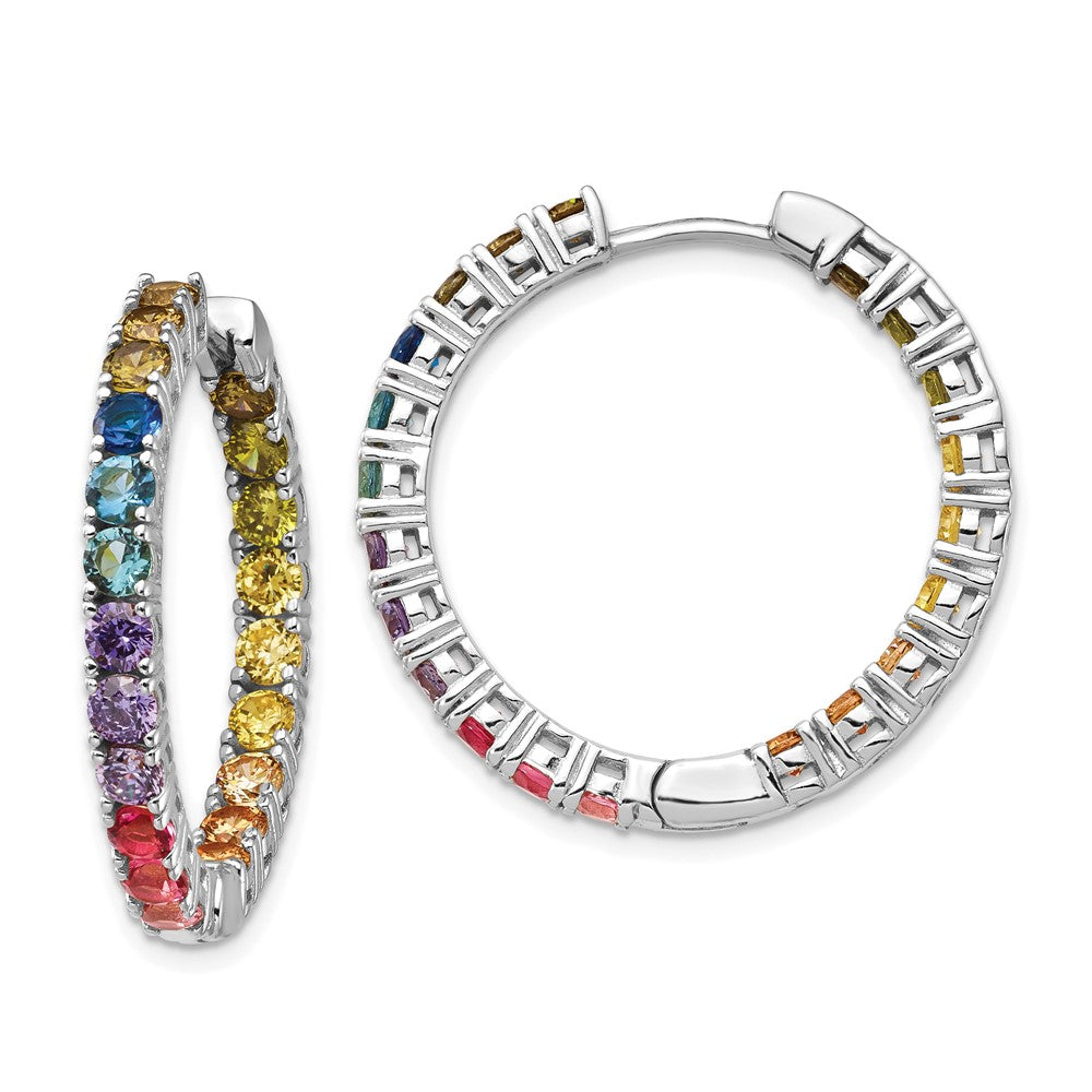 Prizma Sterling Silver Rhodium-plated In and Out Colorful CZ Hinged Hoop Earrings, 29.1 x 28.9 mm