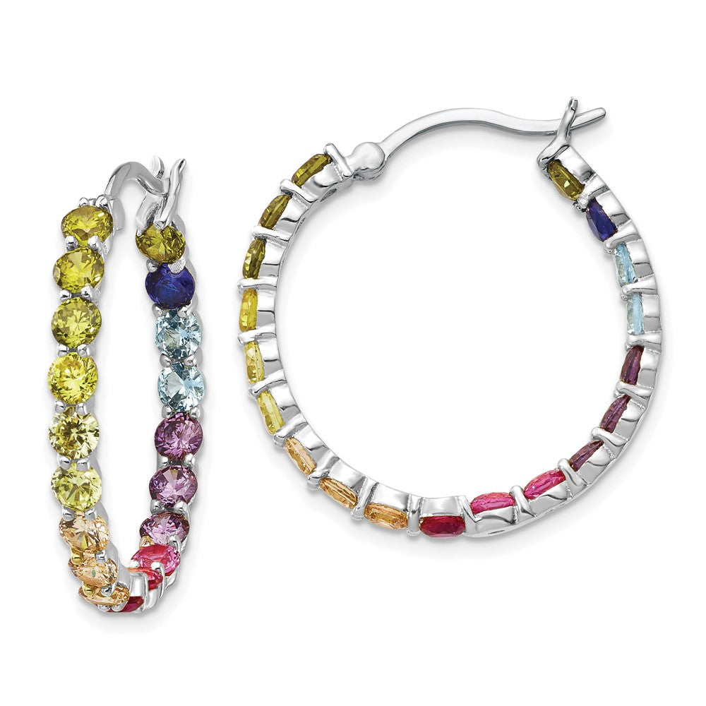 Prizma Sterling Silver Rhodium-plated In and Out 3mm Colorful CZ Hoop Earrings, 25.7 x 25.95 mm