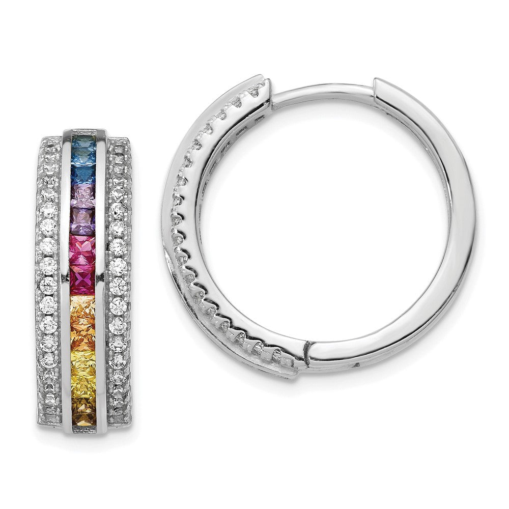 Prizma Sterling Silver Rhodium-plated Channel Set Colorful and White CZ Hinged Hoop Earrings, 21.75 x 22.4 mm