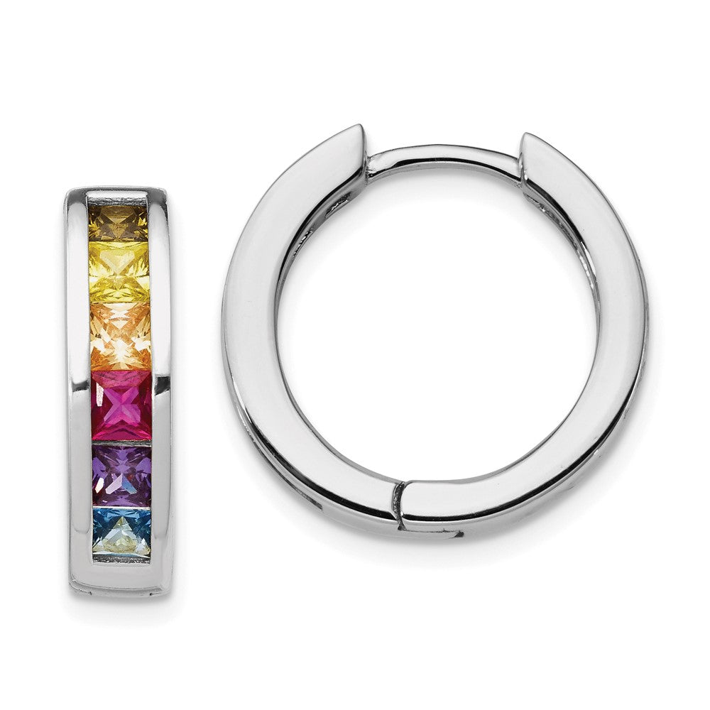 Prizma Sterling Silver Rhodium-plated Channel Set Colorful CZ Small Hinged Hoop Earrings, 18 x 18.66 mm