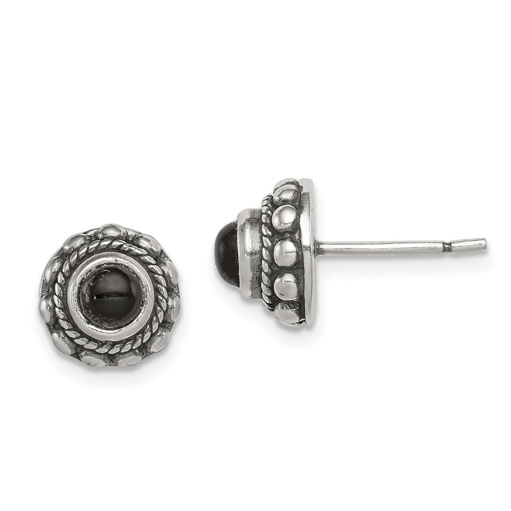 Sterling Silver Polished & Antiqued Textured Onyx Round Post Earrings, 9 x 9 mm