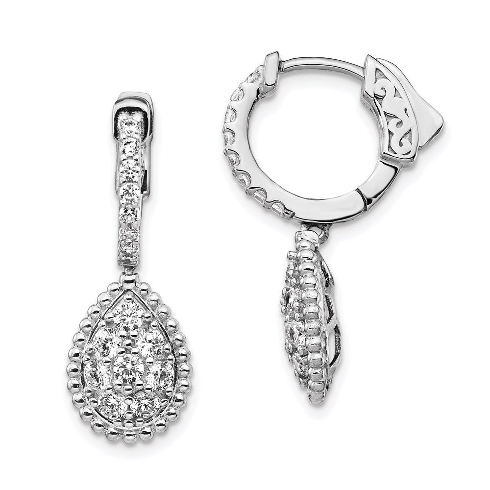 Sterling Shimmer Sterling Silver Rhodium-plated 30 Stone CZ Teardrop Dangle Hinged Hoop Earrings, 26.4 x 9.6 mm
