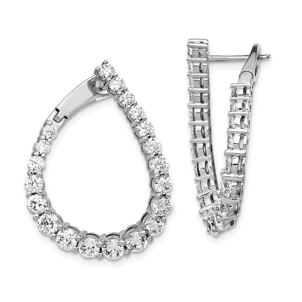 Sterling Shimmer Sterling Silver Rhodium-plated 40 Stone CZ Front and Back Teardrop Hinged Hoop Earrings, 28.5 x 22 mm