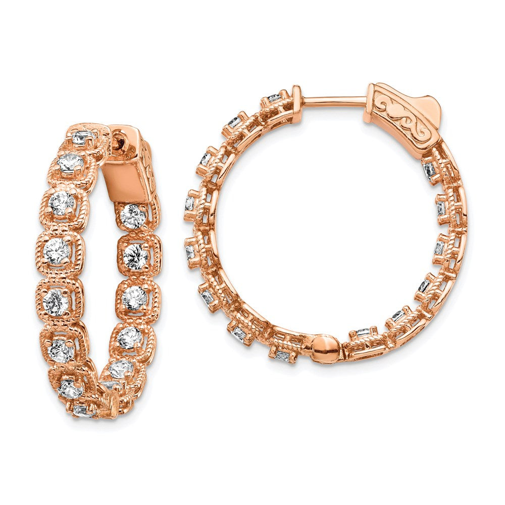 Sterling Shimmer Sterling Silver Rose-tone Rose Flash Gold-plated 28 Stone 2.5mm CZ In and Out Round Hinged Hoop Earrings, 28.5 x 28.5 mm