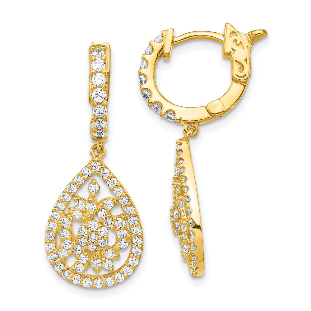 Sterling Shimmer Sterling Silver Gold-tone Flash Gold-plated 126 Stone CZ Teardrop Dangle Hinged Hoop Earrings, 29.3 x 11.82 mm