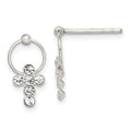 Sterling Silver Polished CZ Cross Circle Post Dangle Earrings, 25 x 7 mm