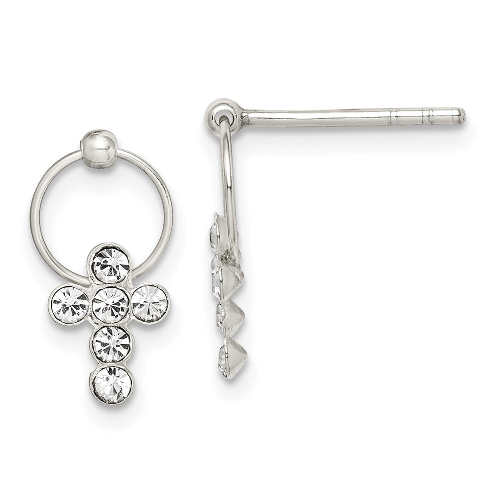 Sterling Silver Polished CZ Cross Circle Post Dangle Earrings, 25 x 7 mm