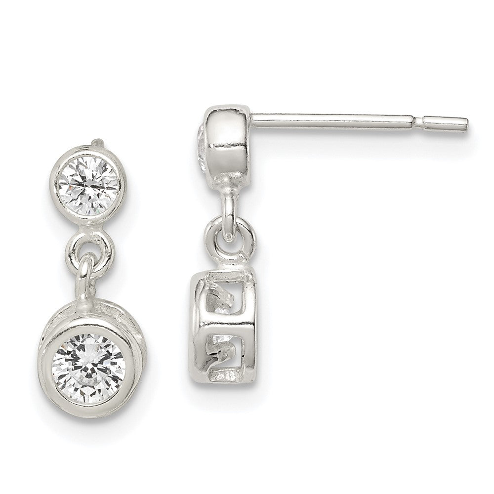 Sterling Silver Polished Round CZ Bezel Set Post Dangle Earrings, 13 x 6 mm