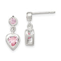Sterling Silver Polished Pink Heart CZ Post Dangle Earrings, 15 x 6 mm