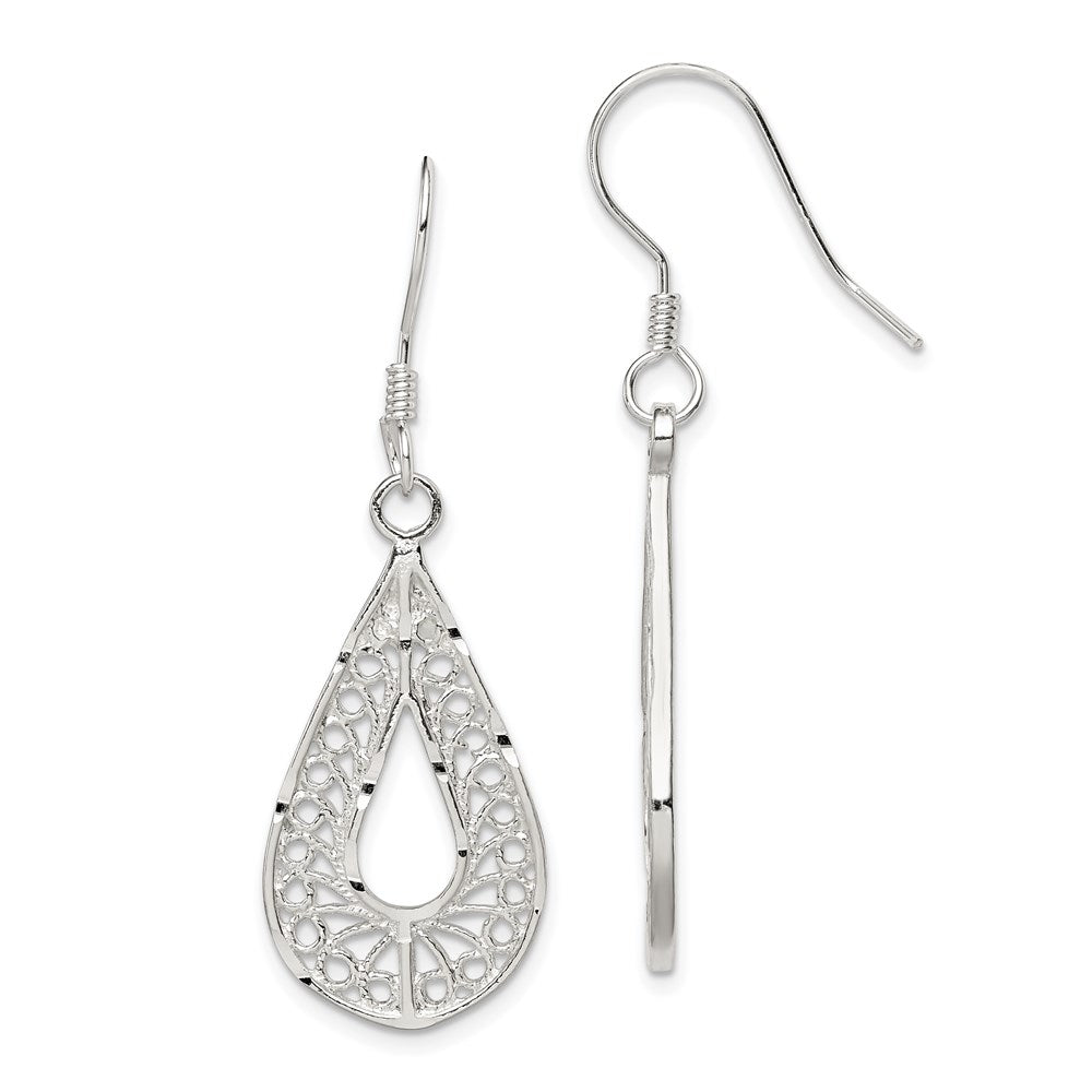 Sterling Silver Polished Textured D/C Filigree Teardrop Dangle Earrings, 42 x 15 mm