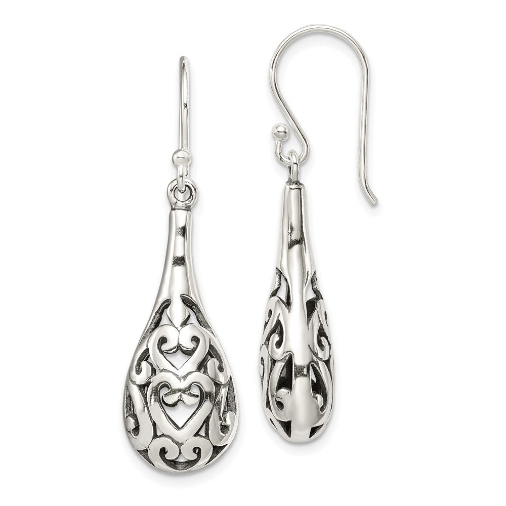 Sterling Silver Polished & Antiqued Filigree Heart Teardrop Dangle Earrings, 41 x 11 mm