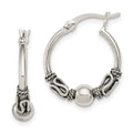 Sterling Silver Antiqued Fancy Beaded Hoop Earrings, 16 x 4.4 mm