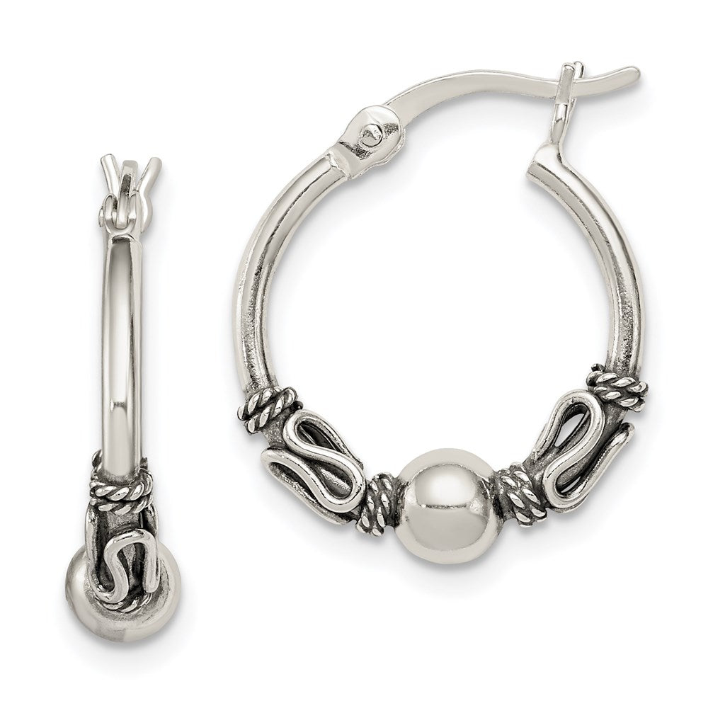 Sterling Silver Antiqued Fancy Beaded Hoop Earrings, 16 x 4.4 mm