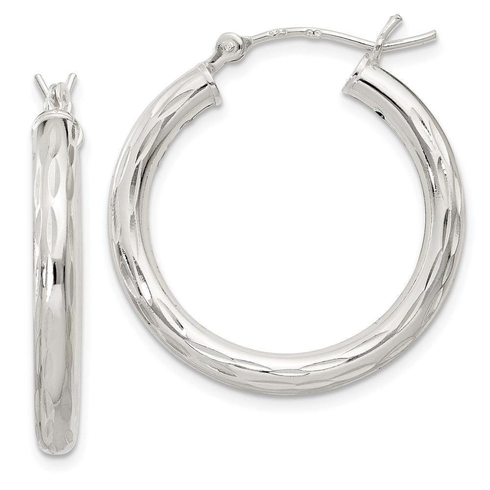 Sterling Silver Diamond-cut Satin 3x25mm Hoop Earrings, 25 x 3 mm