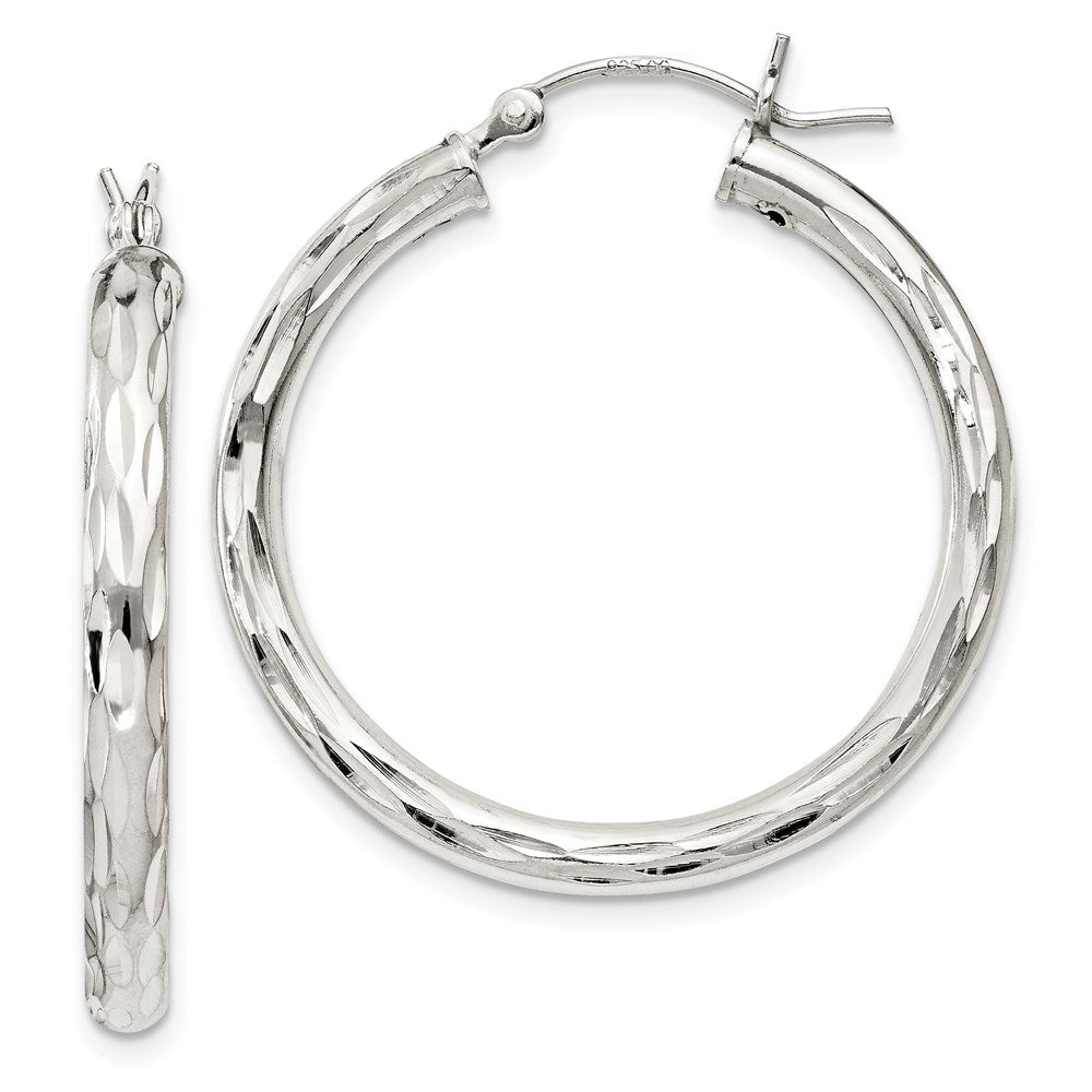 Sterling Silver Diamond-cut Satin 3x30mm Hoop Earrings, 30 x 3 mm