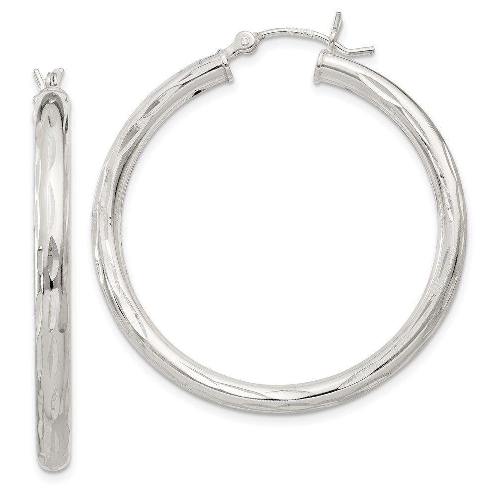 Sterling Silver Diamond-cut Satin 3x35mm Hoop Earrings, 35 x 3 mm