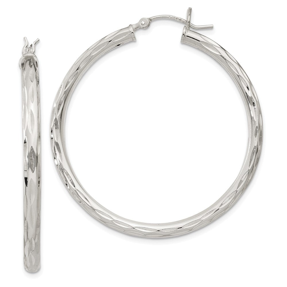 Sterling Silver Diamond-cut Satin 3x40mm Hoop Earrings, 40 x 3 mm