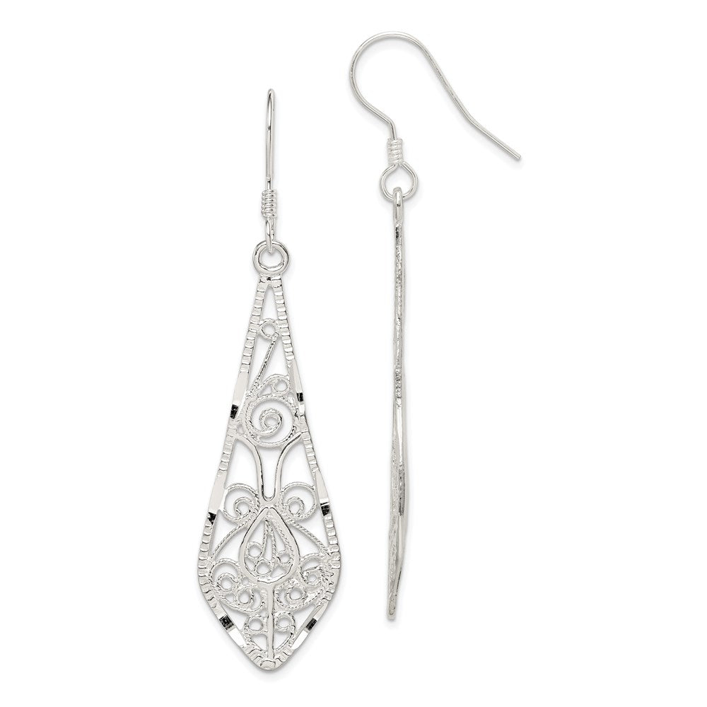 Sterling Silver Polished D/C Filigree Elongated Teardrop Dangle Earrings, 57 x 17 mm