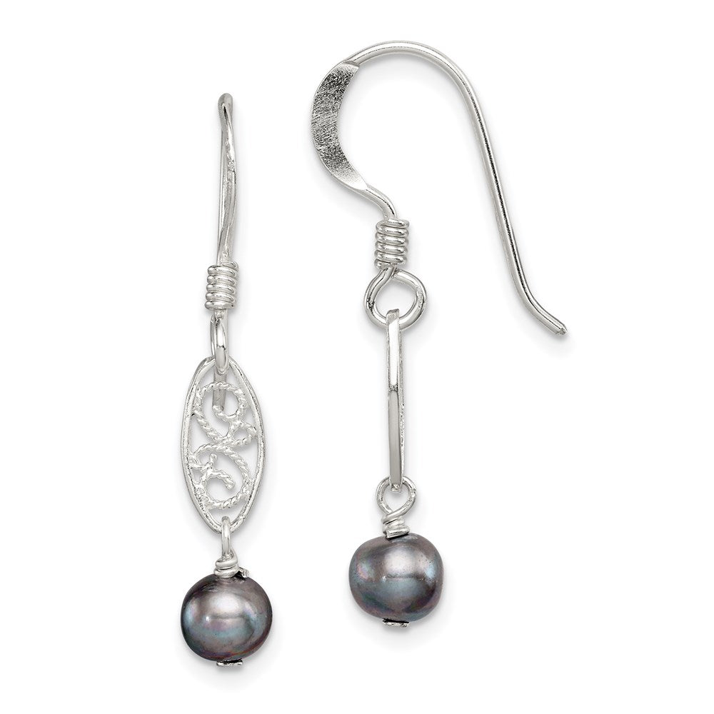 Sterling Silver Polished Filigree 5-6mm Grey Freshwater Cultured Pearl Dangle Earrings, 30 mm