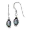 Sterling Silver Polished, Antiqued & Beaded 6-7mm Rice Black Freshwater Cultured Pearl Dangle Earrings, 27 mm
