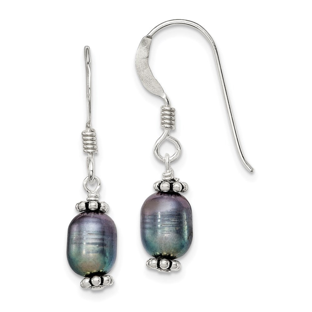 Sterling Silver Polished, Antiqued & Beaded 6-7mm Rice Black Freshwater Cultured Pearl Dangle Earrings, 27 mm