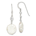 Sterling Silver Polished White 12-13mm Coin Freshwater Cultured Pearl & CZ Dangle Earrings, 30 mm