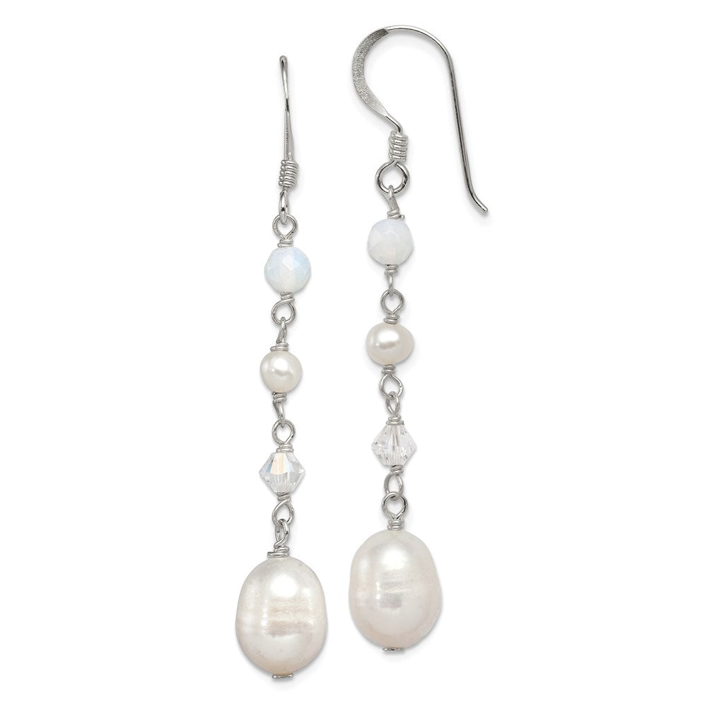 Sterling Silver Polished FWC Pearl/Opalite Crystal/Crystal Dangle Earrings, 46 x 8 mm