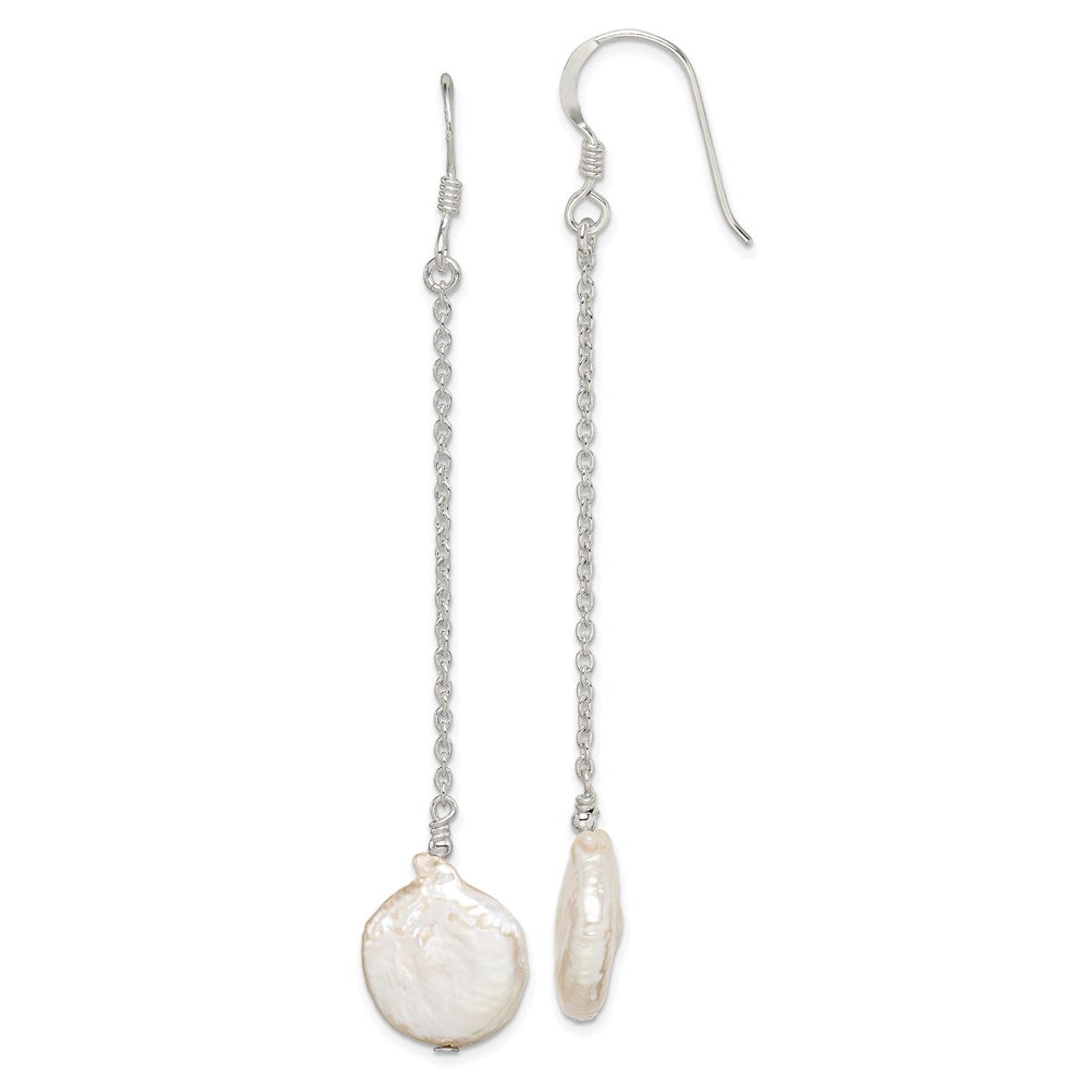 Sterling Silver Polished White 12-13mm Coin Freshwater Cultured Pearl Dangle Earrings, 72 mm