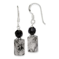 Sterling Silver Polished & Antiqued Black Crystal & Tourmalinated Quartz Dangle Earrings, 30 x 8 mm