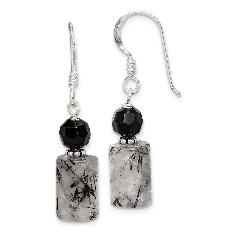 Sterling Silver Polished & Antiqued Black Crystal & Tourmalinated Quartz Dangle Earrings, 30 x 8 mm