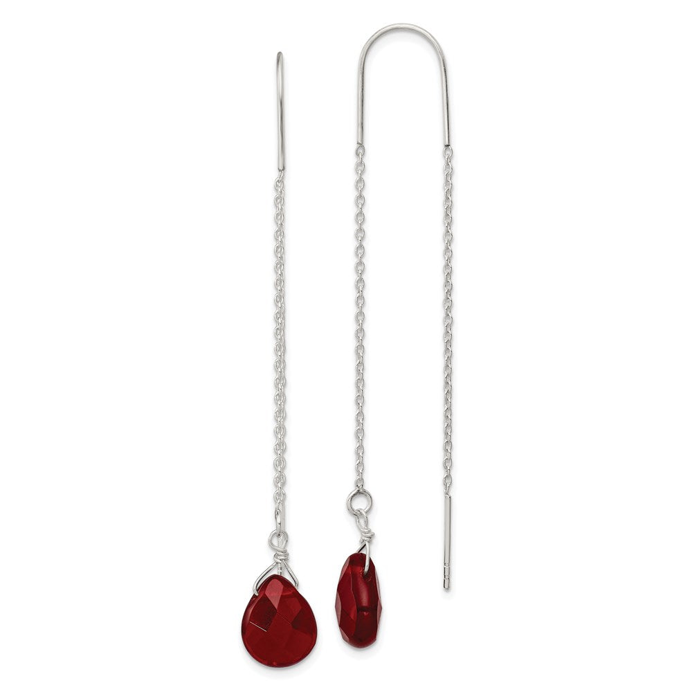 Sterling Silver Polished Faceted Red Crystal Teardrop Threader Earrings, 70 x 9 mm