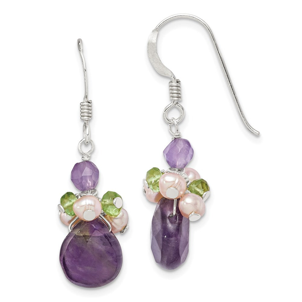 Sterling Silver Amethyst, Peridot & Peach FWC Pearl Dangle Earrings, 37 x 9 mm