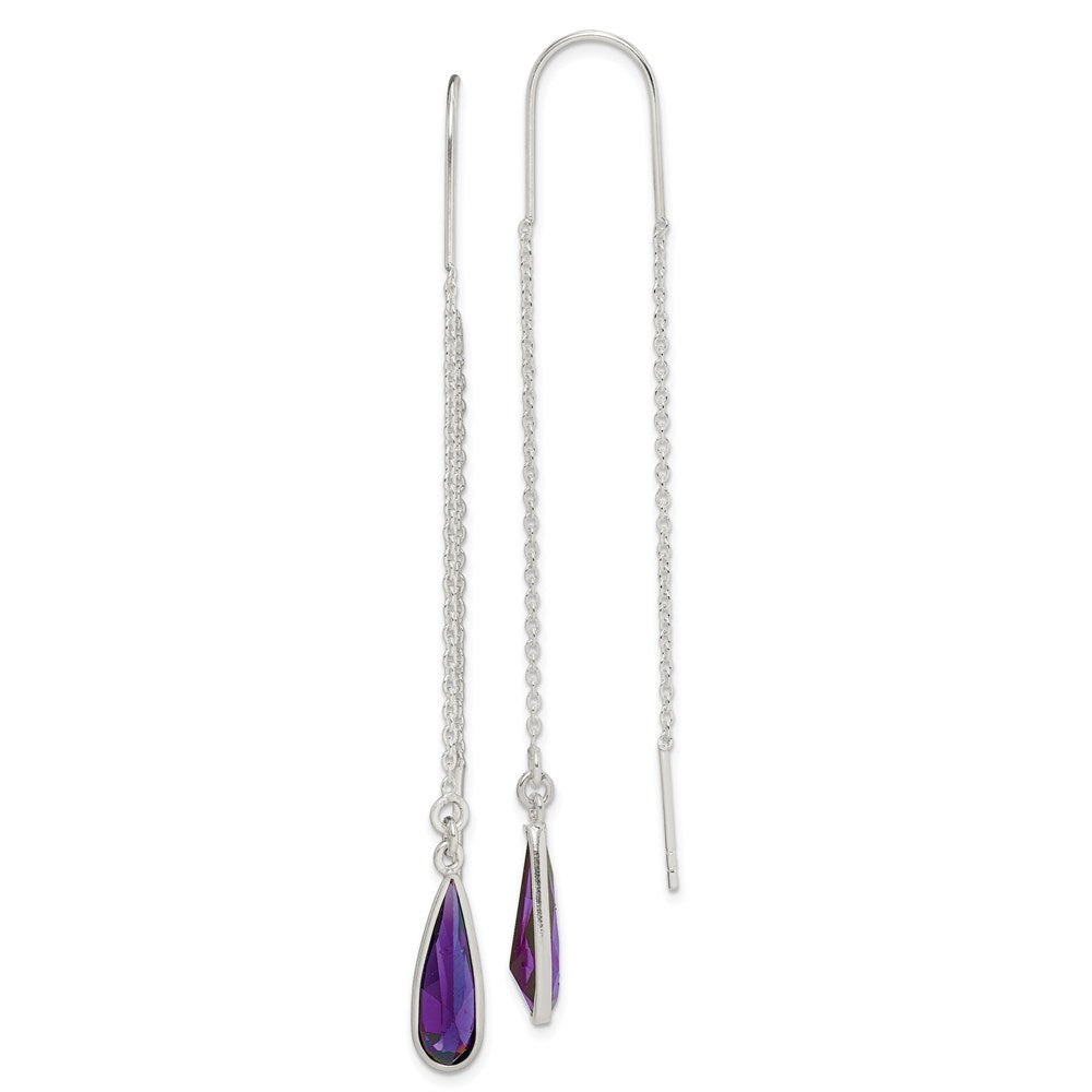 Sterling Silver Polished Purple CZ Teardrop Threader Earrings, 73 x 6 mm