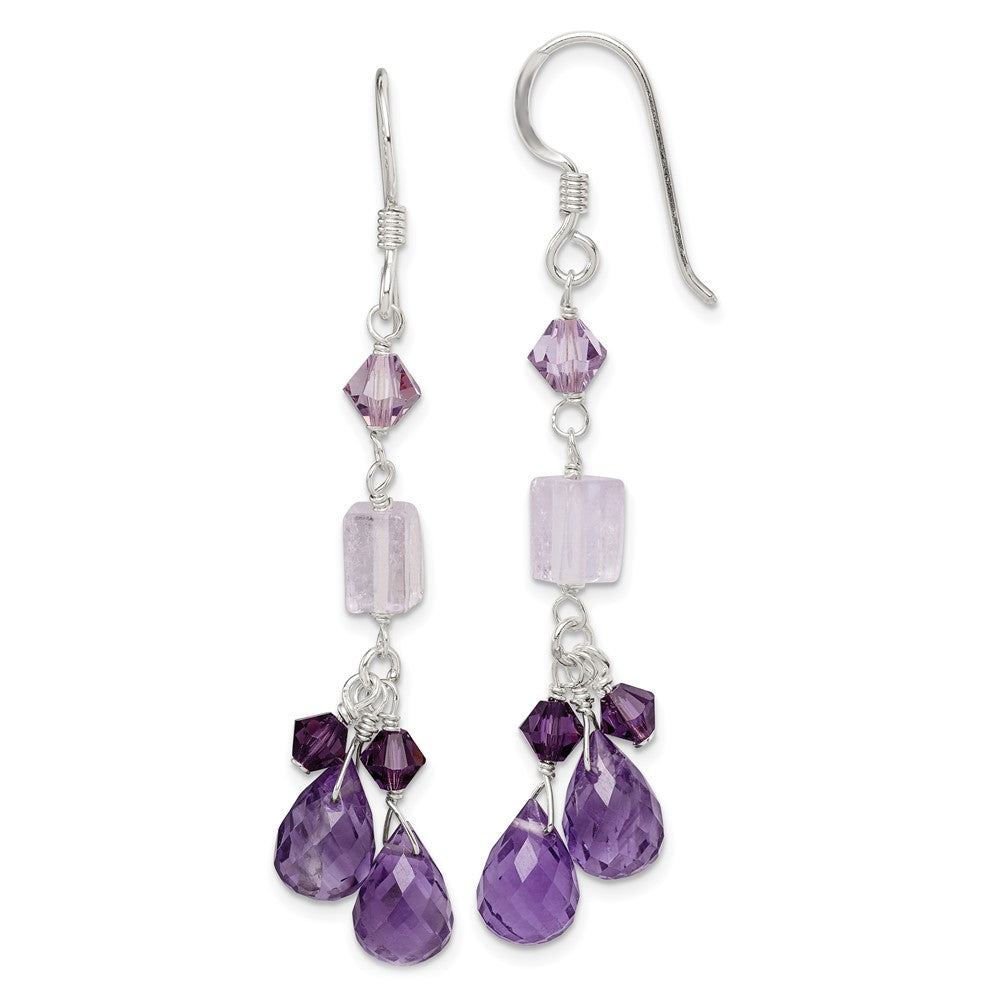 Sterling Silver Polished Amethyst, Lavender Quartz & Crystal Dangle Earrings, 51 x 7 mm