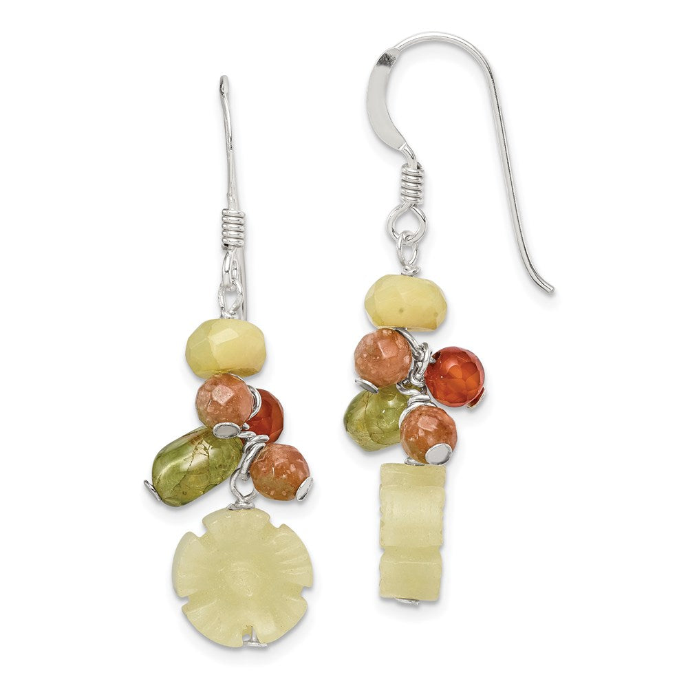 Sterling Silver Polished Jade, Unikite, Peridot, Aventurine & Carnelian Floral Dangle Earrings, 35 x 10 mm