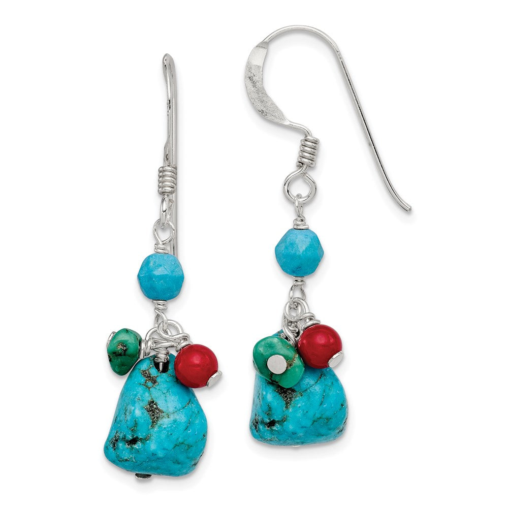 Sterling Silver Dyed Howlite/Turquoise/Red Coral Earrings, 32 x 11 mm