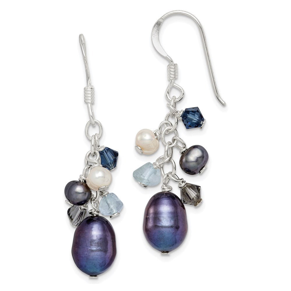 Sterling Silver Polished Blue & Black Crystal, Black and White Freshwater Cultured Pearl Dangle Earrings, 37 x 13 mm