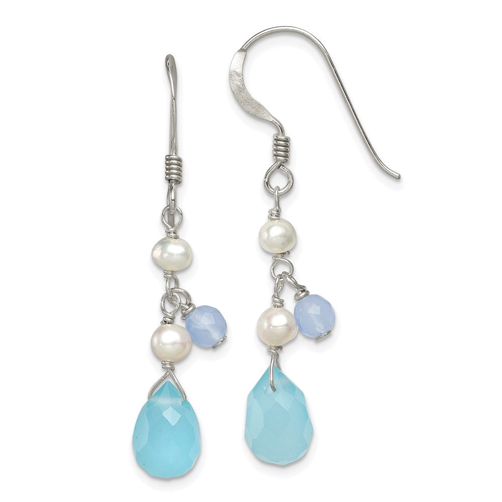 Sterling Silver Blue Topaz/Blue Agate/FW Cultured Pearl Earrings, 39 x 7 mm